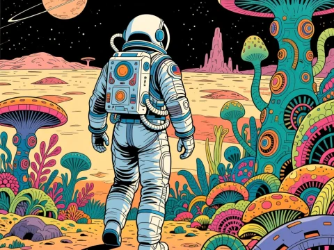 Moebius Style Cosmonaut Exploring an Alien Planet