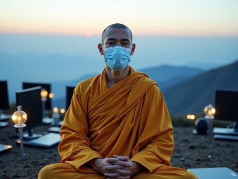 Monk Meditating Outdoors with Laptop and Mask at Sunset