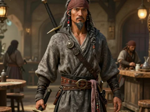 Monk Pirate Warrior in Bustling Tavern