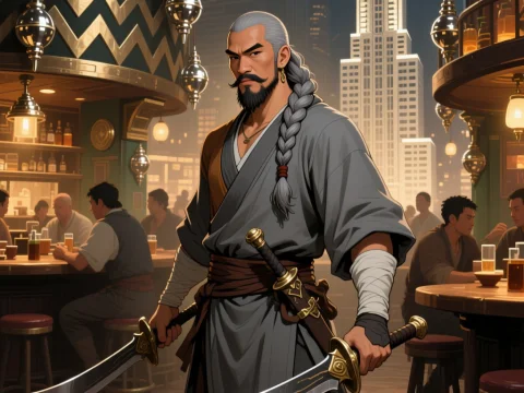 Monk Pirate with Dual Swords in a Bustling Tavern