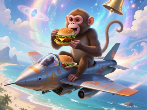 Monkey Enjoying Burgers on a Jet Fighter in a Magical Sky