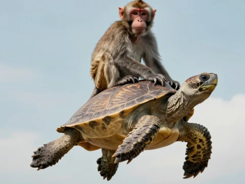 Monkey Riding a Flying Turtle in Clear Sky