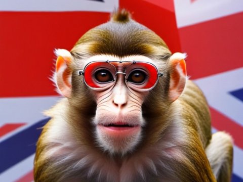 Monkey Wearing Red Glasses with British Flag Background