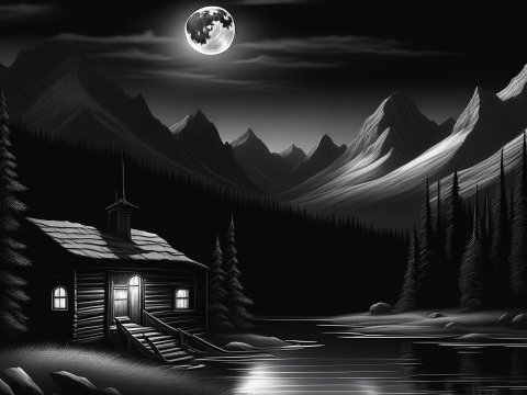 Monochromatic Night Landscape with Cabin and Moon