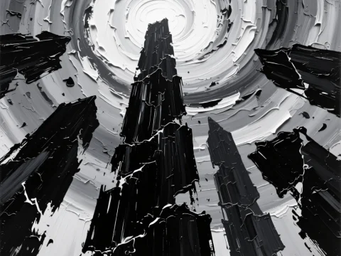 Monochrome Abstract Spiral Vortex with Towering Structures