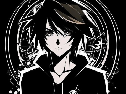 Monochrome Anime Character with Abstract Circular Design