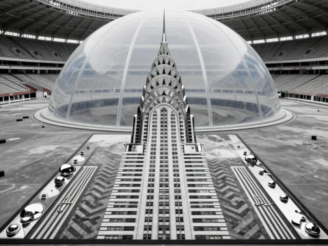 Monochrome Architectural Model with Transparent Dome in Stadium