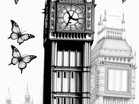 Monochrome Artistic Illustration of Big Ben with Butterflies and Lanterns