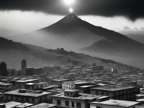 Monochrome Cityscape with Radiant Mountain Peak