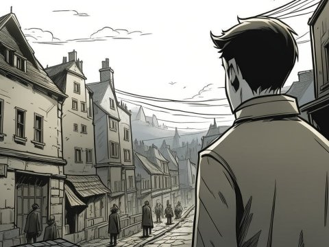 Monochrome Comic Scene of a Man in a Historic Town