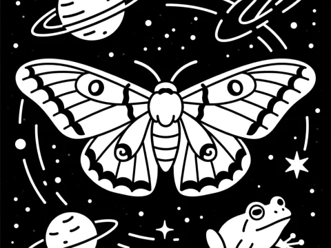 Monochrome Cosmic Moth and Frog in Space