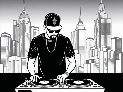 Monochrome DJ Spinning Records in Urban Skyline