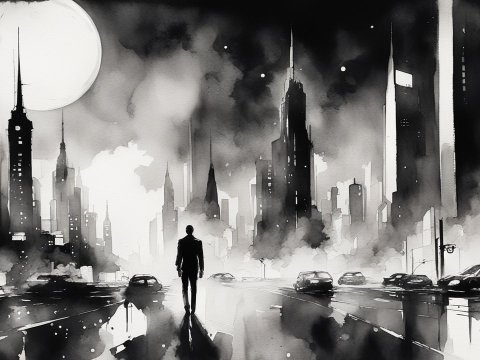 Monochrome Futuristic Cityscape at Night