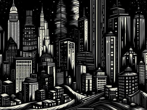 Monochrome Futuristic Cityscape Illustration