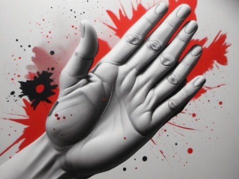 Monochrome Hand with Red and Black Paint Splashes