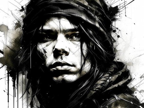 Monochrome Ink Portrait of a Hooded Young Man