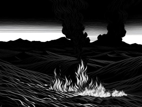 Monochrome Landscape with Fire and Smoke