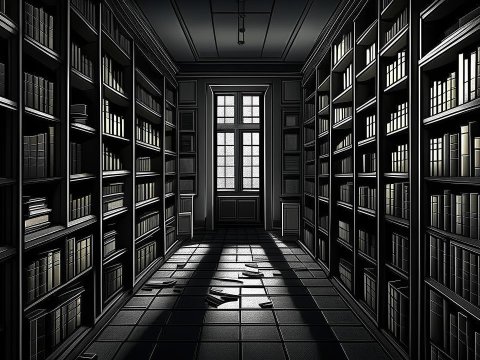 Monochrome Library Corridor with Dramatic Lighting