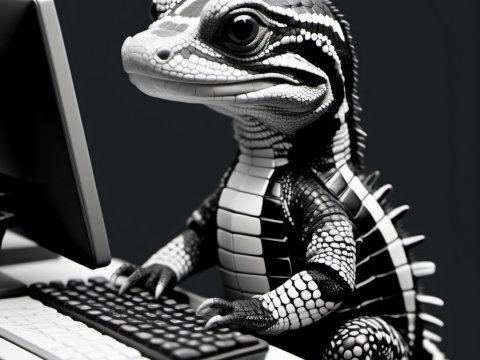 Monochrome Lizard Typing on Computer Keyboard