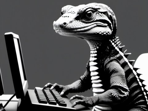 Monochrome Lizard Typing on Keyboard