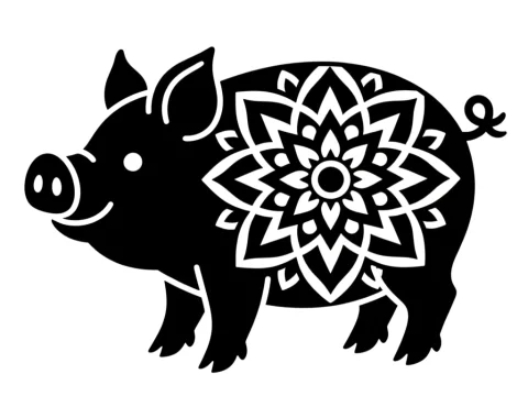 Monochrome Pig Silhouette with Mandala Pattern