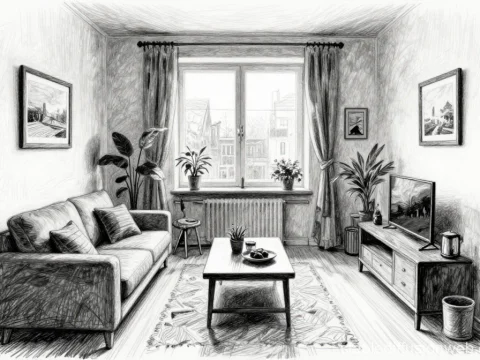 Monochrome Sketch of Cozy Living Room Interior