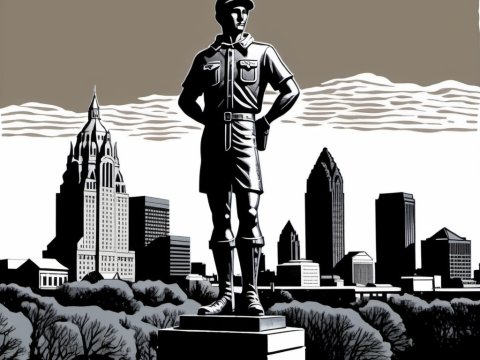 Monochrome Statue of a Scout Overlooking City Skyline