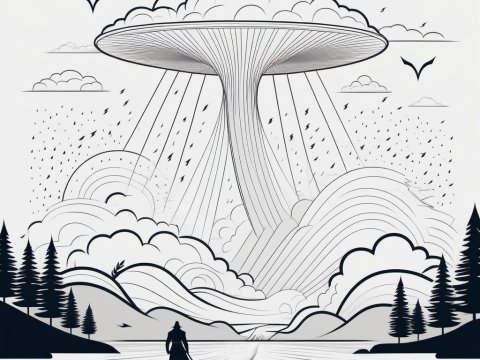 Monochrome Surreal Landscape with Lone Warrior and Mushroom Cloud