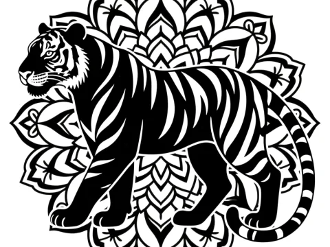 Monochrome Tiger Silhouette with Mandala Background