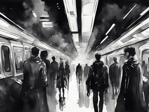 Monochrome Urban Subway Scene with Commuters