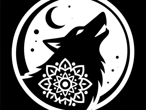 Monochrome Wolf Mandala Logo with Crescent Moon
