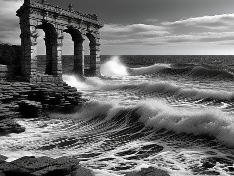 Monolithic Gothic Ruins by a Stormy Sea