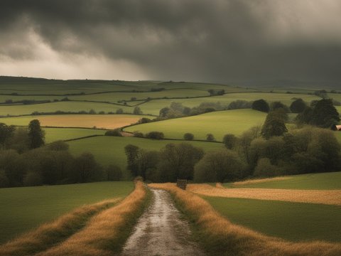 Moody Countryside Landscape with Overcast Sky