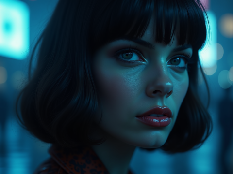 Moody Portrait of a Woman in Neon City Lights