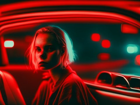 Moody Portrait of Woman in Neon-Lit Car Interior