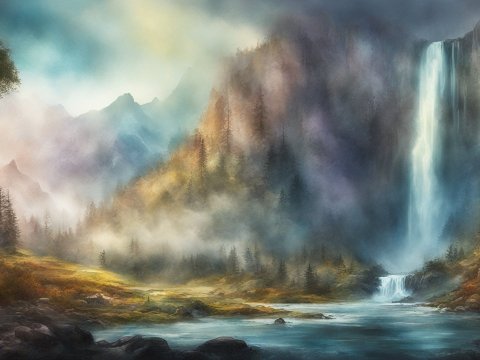 Moody Sky Over Misty Waterfall Landscape