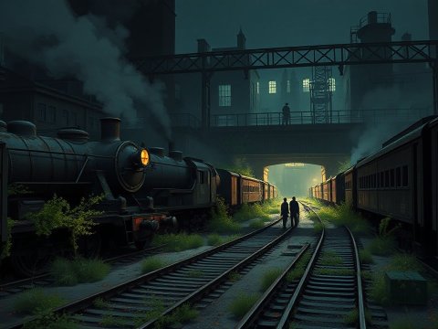 Moody Steam Train Station at Dusk with Silhouetted Figures