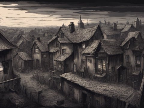 Moody Village at Dusk with Old Wooden Houses
