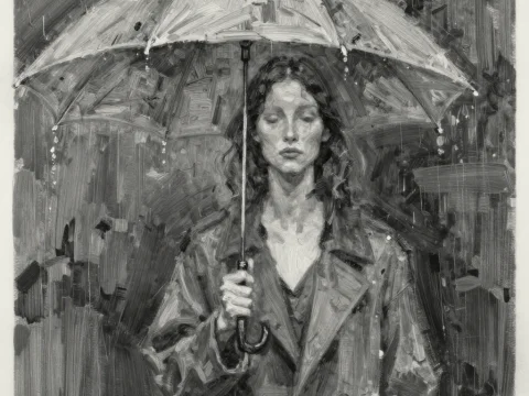 Moody Woman Holding Umbrella in Rain