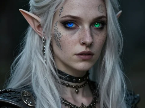 Moon Elf Sorcerer with Heterochromatic Eyes and Mystical Tattoos