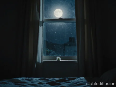 Moonlight Illuminates White Flower on Window Sill
