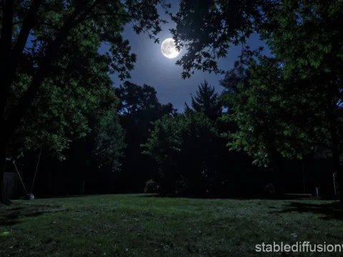 Moonlight Shining Through Backyard Trees at Night