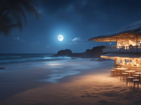 Moonlit Beachside Cafe at Night