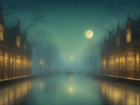 Moonlit Canal with Gothic Architecture in Misty Night