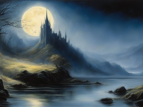 Moonlit Castle by a Serene Lake