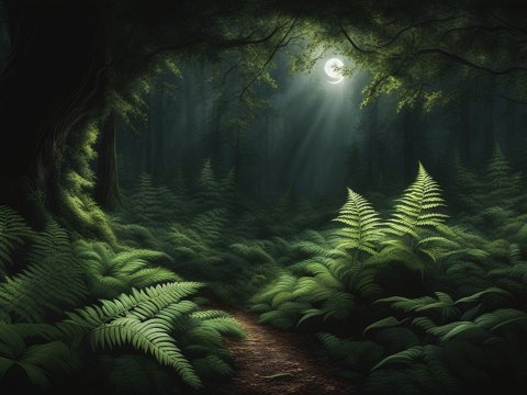 Moonlit Forest Path with Lush Ferns