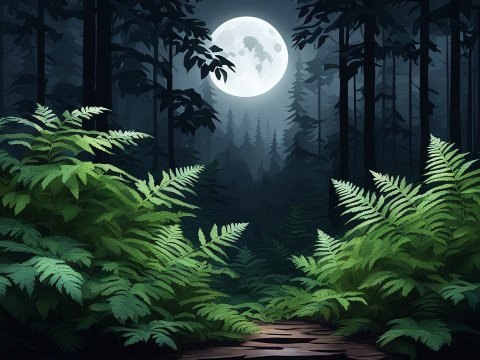 Moonlit Forest Path with Lush Ferns