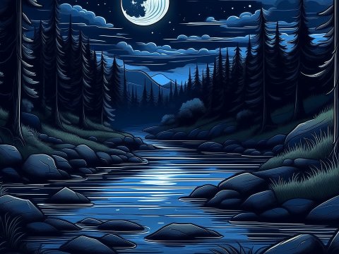 Moonlit Forest River at Night