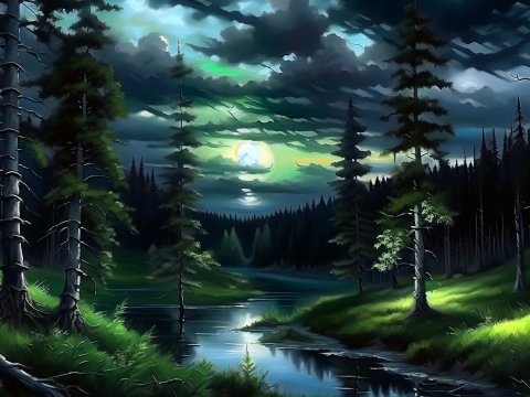 Moonlit Forest River Landscape