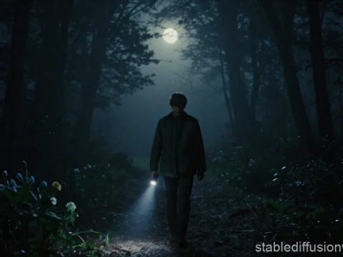 Moonlit Forest Walk with Flashlight in 1970s Analog Horror Style